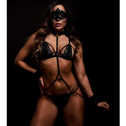 Black Cupless Lace Strappy Lingerie Set-SexyHint