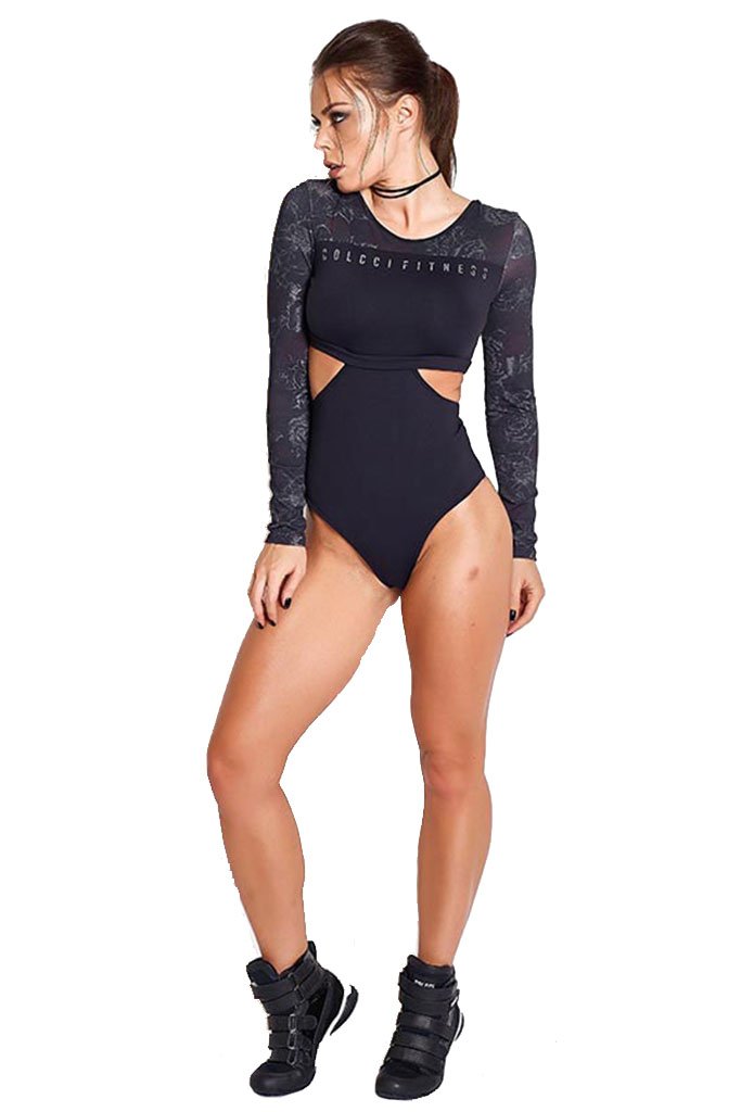 Colcci Fitness Floral Sleeves Waist Cut Sexy Bodysuit